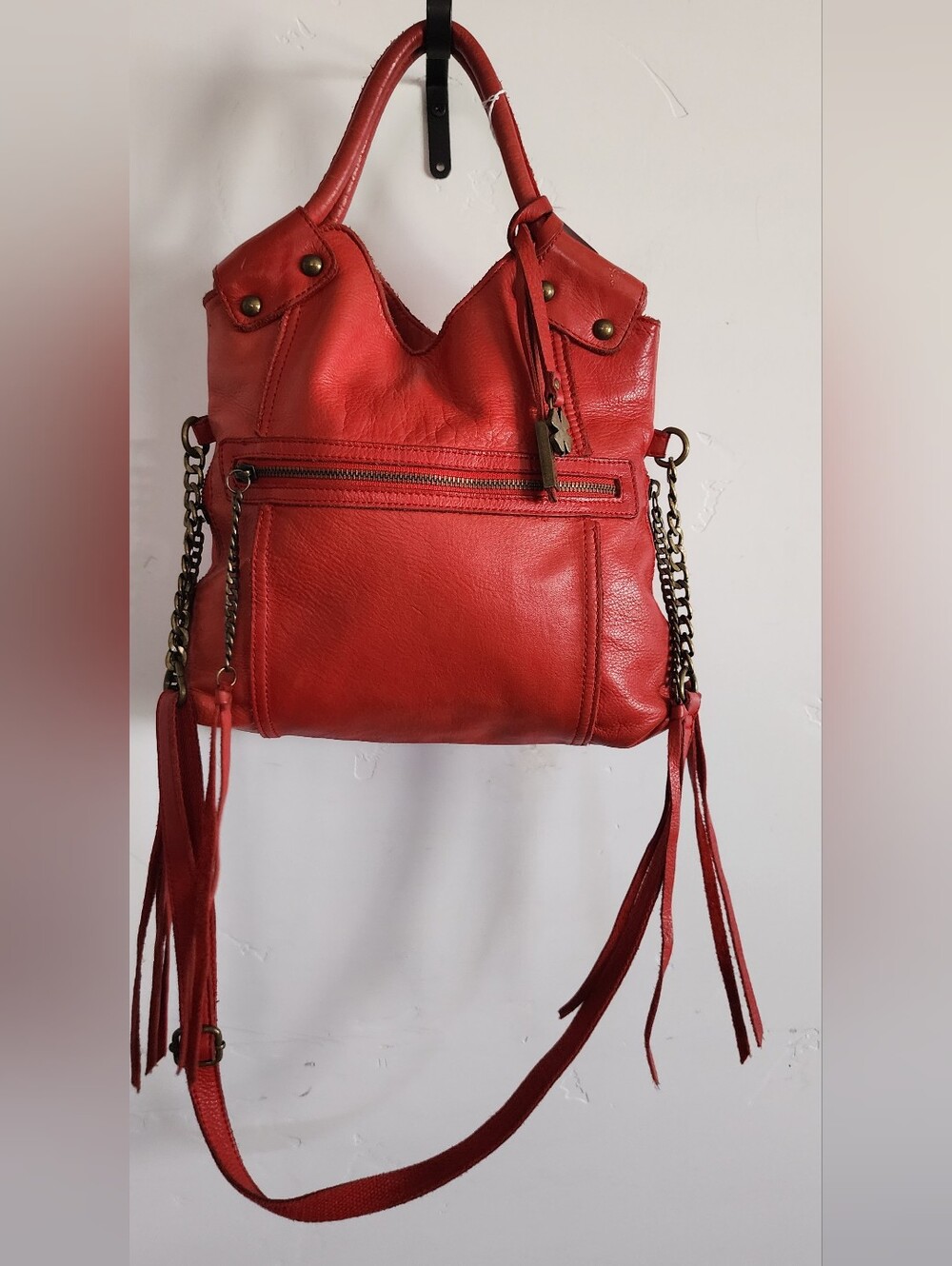 Lucky Brand Red Leather Shoulder Bag with Chain Accents and Tassels
